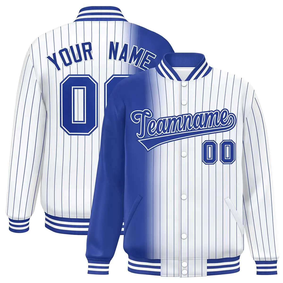 White Royal Gradient Pinstripe Full-Snap Letterman Jacket
