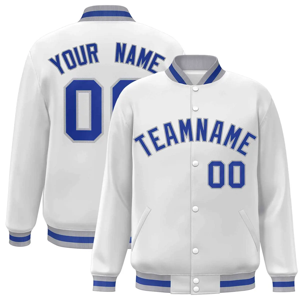 White Royal-Gray Classic Varsity Full-Snap Letterman Jacket
