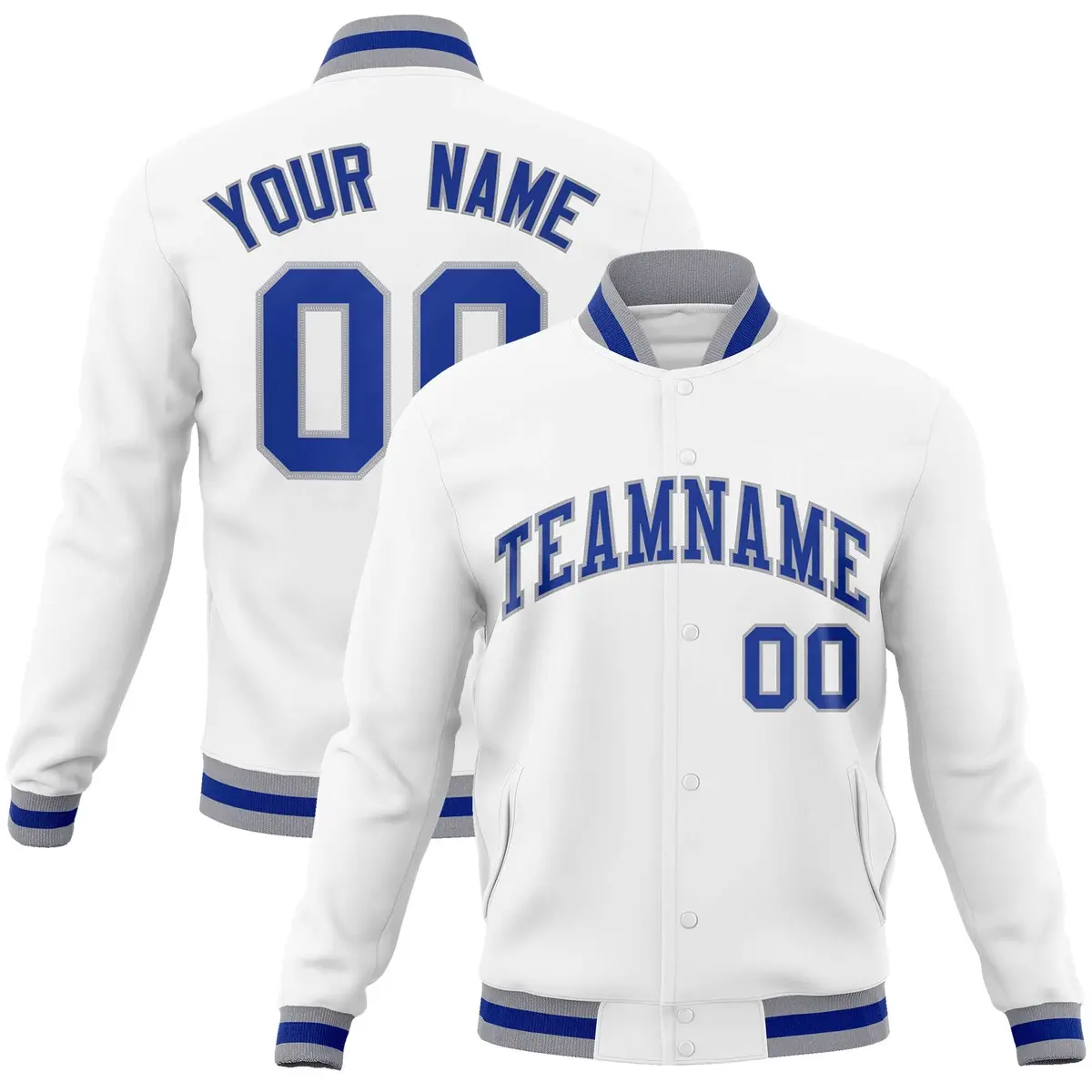 White Royal-Gray Classic Varsity Full-Snap Letterman Jacket