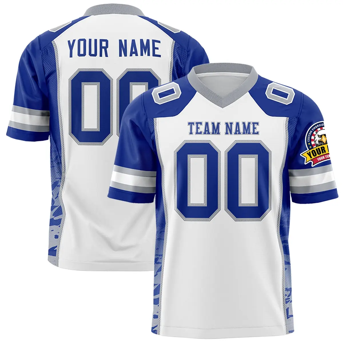 White Royal-Gray Raglan Sleeves Side Pattern Football Jersey