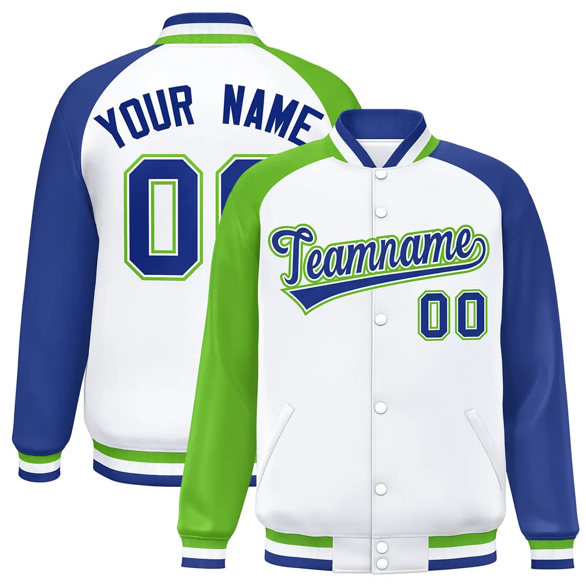 White Royal-Green Full-Snap Raglan Varsity Letterman Bomber Jacket