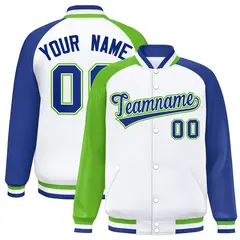 White Royal-Green Full-Snap Raglan Varsity Letterman Bomber Jacket