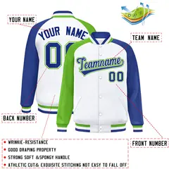 White Royal-Green Full-Snap Raglan Varsity Letterman Bomber Jacket 2