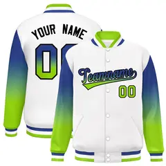 White Royal-Green Gradient Varsity Full-Snap Raglan Baseball Jacket