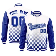 White Royal Grid Color Block Letterman Raglan Sleeve Jacket 1