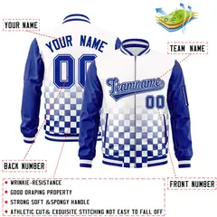 White Royal Grid Color Block Letterman Raglan Sleeve Jacket 2