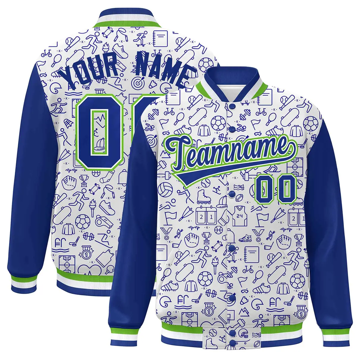 White Royal Line Graffiti Raglan Varsity Letterman Jacket