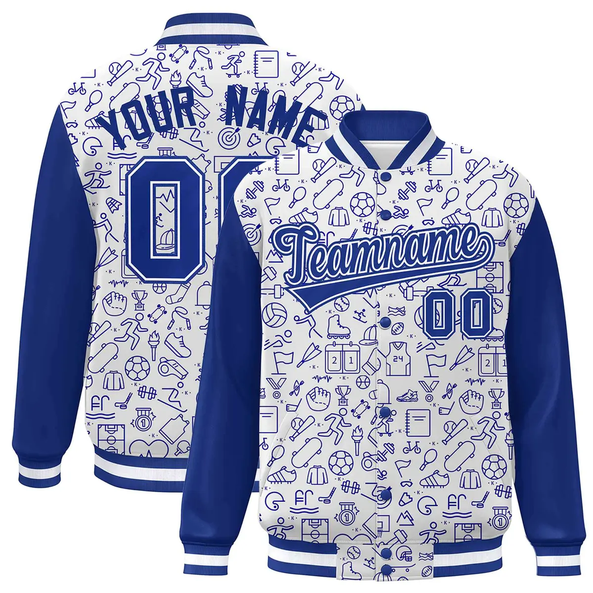 White Royal Line Graffiti Raglan Varsity Letterman Jacket