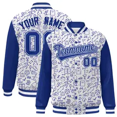 White Royal Line Graffiti Raglan Varsity Letterman Jacket