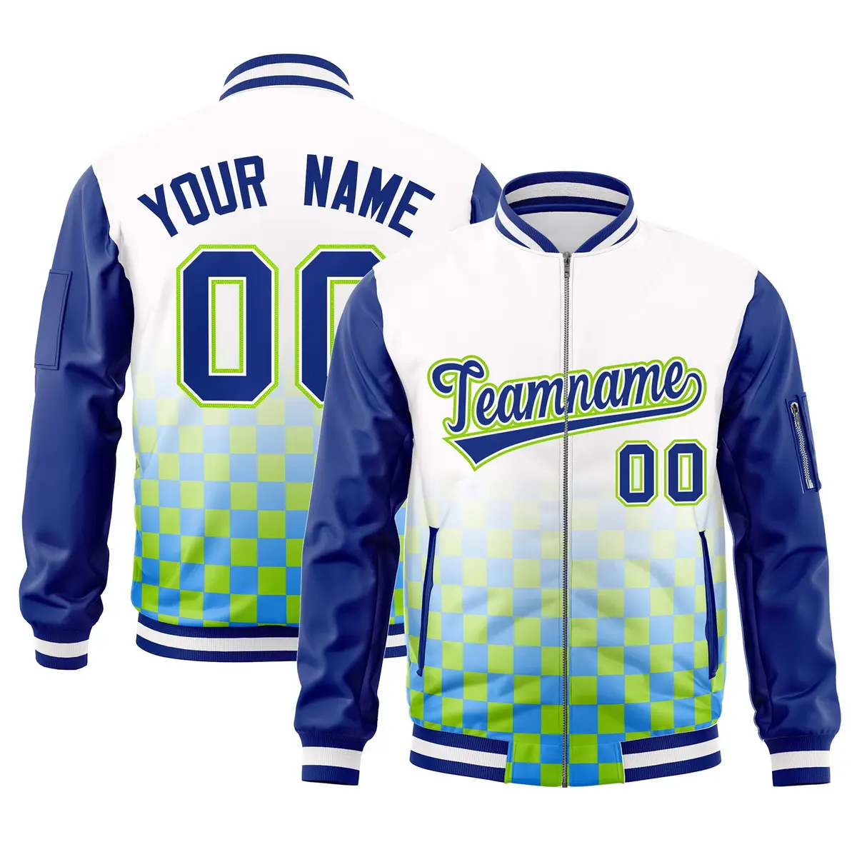 White Royal-Neon Green Grid Color Block Letterman Raglan Jacket