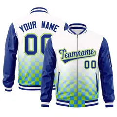 White Royal-Neon Green Grid Color Block Letterman Raglan Jacket 1
