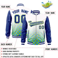 White Royal-Neon Green Grid Color Block Letterman Raglan Jacket 2