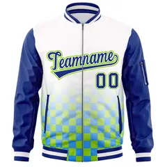 White Royal-Neon Green Grid Color Block Letterman Raglan Jacket 3