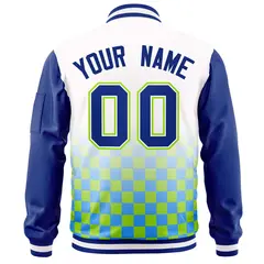 White Royal-Neon Green Grid Color Block Letterman Raglan Jacket 4
