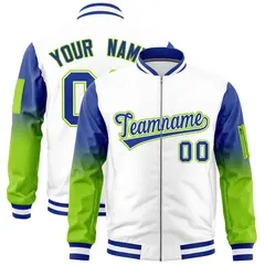 White Royal-Neon Green Raglan Gradient Full-Zip Varsity Letterman Bomber Jacket