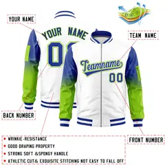 White Royal-Neon Green Raglan Gradient Full-Zip Varsity Letterman Bomber Jacket 2