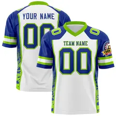 White Royal-Neon Green Raglan Sleeves Side Pattern Football Jersey 1