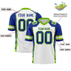 White Royal-Neon Green Raglan Sleeves Side Pattern Football Jersey 2
