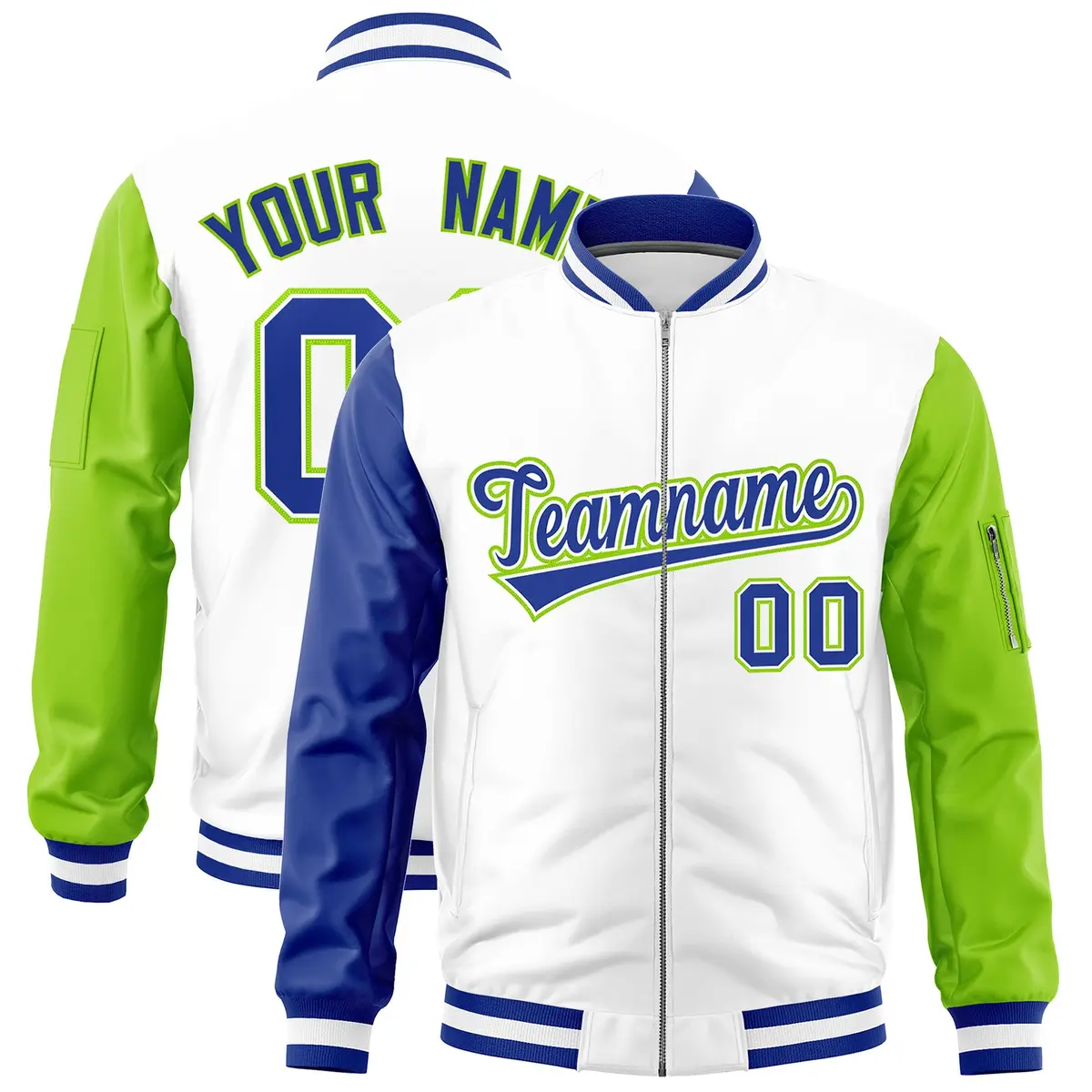 White Royal Neon Green Varsity Letterman Bomber Jacket Full-Zip Raglan