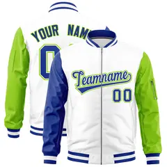 White Royal Neon Green Varsity Letterman Bomber Jacket Full-Zip Raglan 1