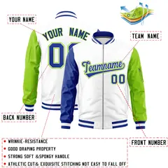 White Royal Neon Green Varsity Letterman Bomber Jacket Full-Zip Raglan 2