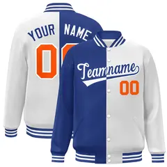 White Royal-Orange Blue Split Two Tone Letterman Varsity Full-Snap Jacket
