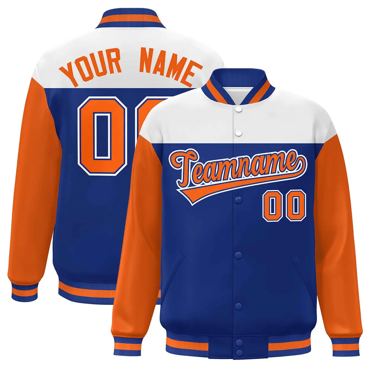 White Royal-Orange Color Block Letterman Varsity Baseball Jacket