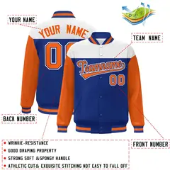 White Royal-Orange Color Block Letterman Varsity Baseball Jacket 2