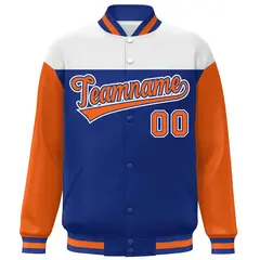White Royal-Orange Color Block Letterman Varsity Baseball Jacket 3