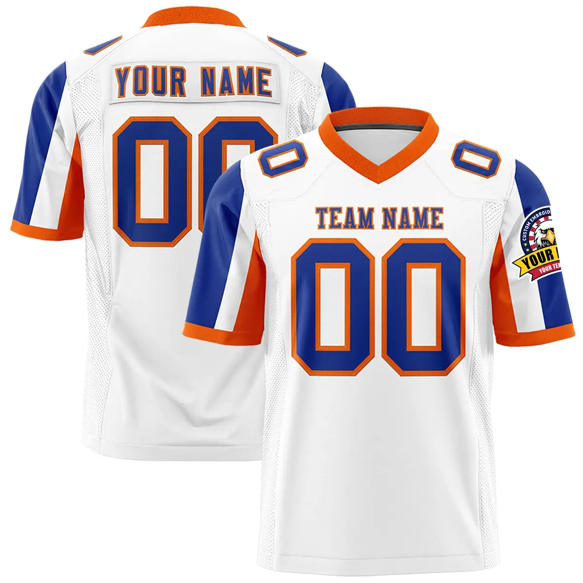White Royal-Orange Color Block Raglan Sleeves Football Jersey