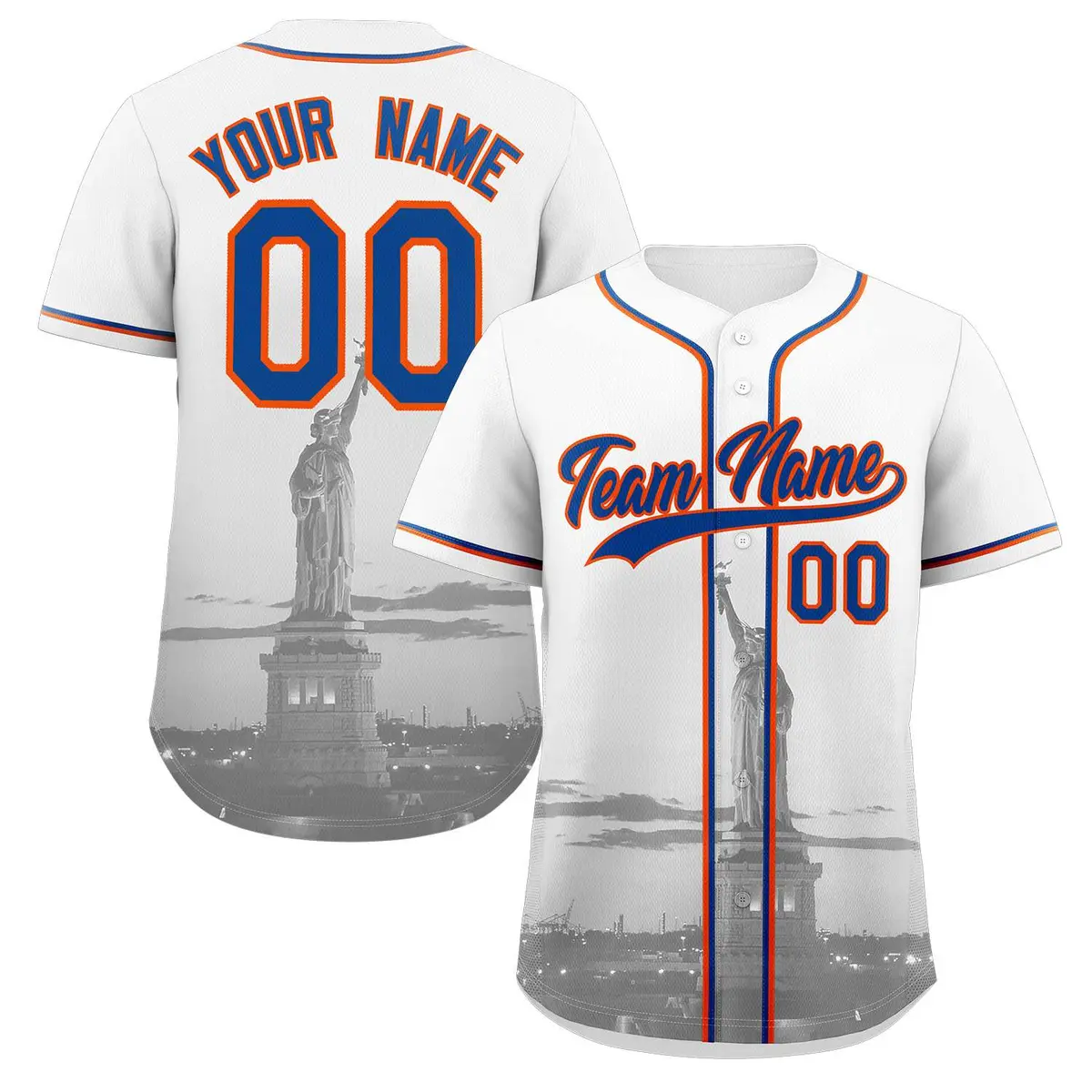 White Royal Orange New York City Skyline Baseball Jersey