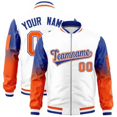 White Royal-Orange Raglan Gradient Full-Zip Varsity Letterman Bomber Jacket