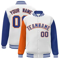 White Royal-Orange Raglan Varsity Full-Snap Letterman Jacket