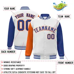White Royal-Orange Raglan Varsity Full-Snap Letterman Jacket 2