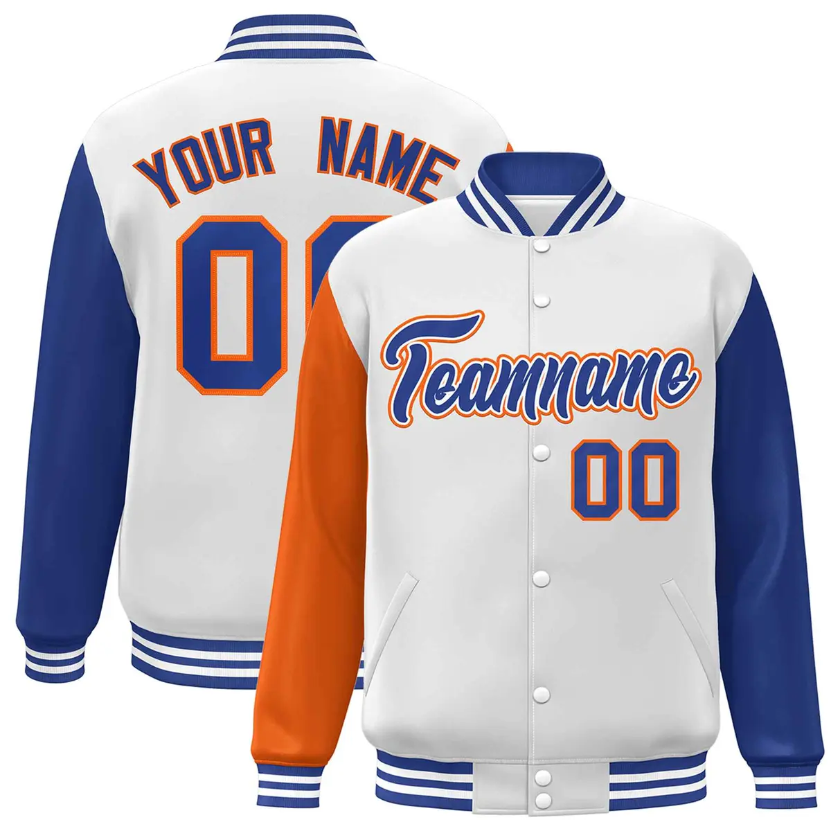 White Royal-Orange Raglan Varsity Full-Snap Letterman Jacket