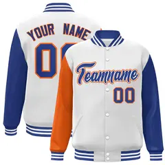 White Royal-Orange Raglan Varsity Full-Snap Letterman Jacket