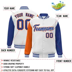 White Royal-Orange Raglan Varsity Full-Snap Letterman Jacket 2