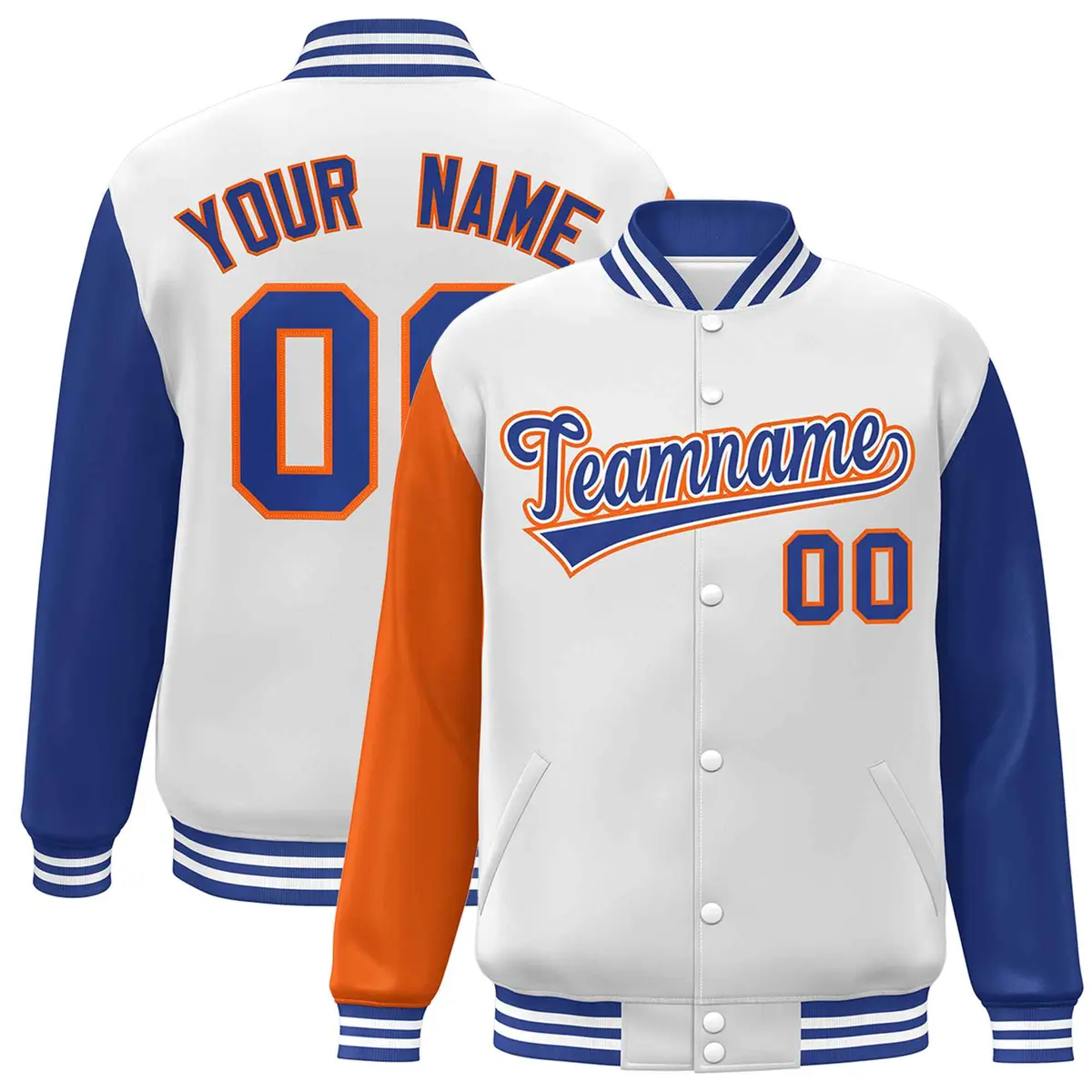 White Royal-Orange Raglan Varsity Full-Snap Letterman Jacket