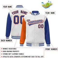 White Royal-Orange Raglan Varsity Full-Snap Letterman Jacket 2
