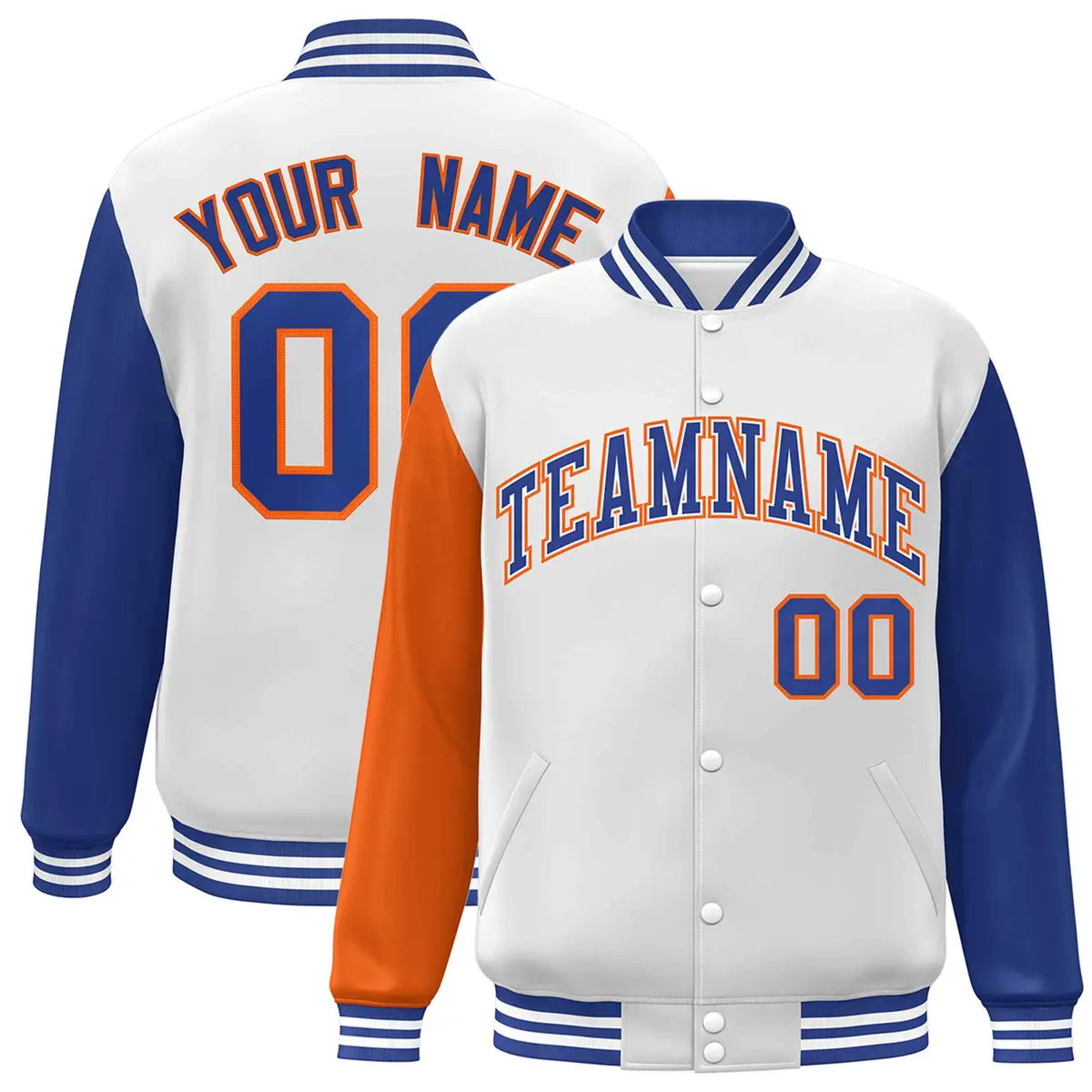 White Royal-Orange Raglan Varsity Full-Snap Letterman Jacket