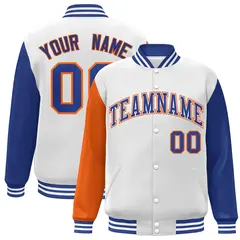 White Royal-Orange Raglan Varsity Full-Snap Letterman Jacket