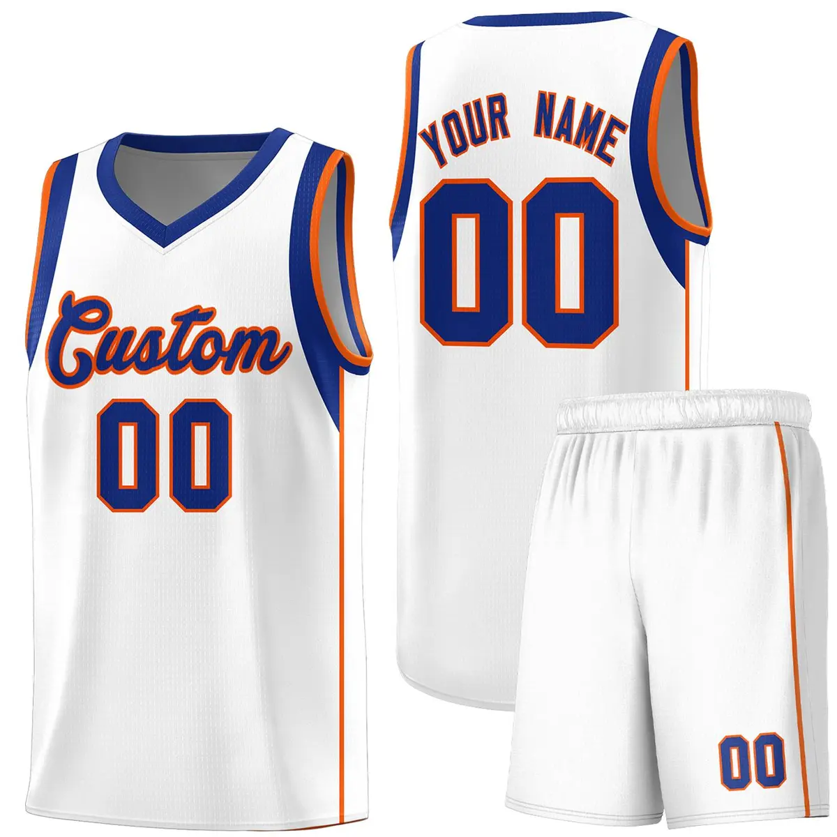 White Royal-Orange Sleeve Color Block Basketball Jersey