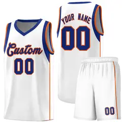White Royal-Orange Sleeve Color Block Basketball Jersey
