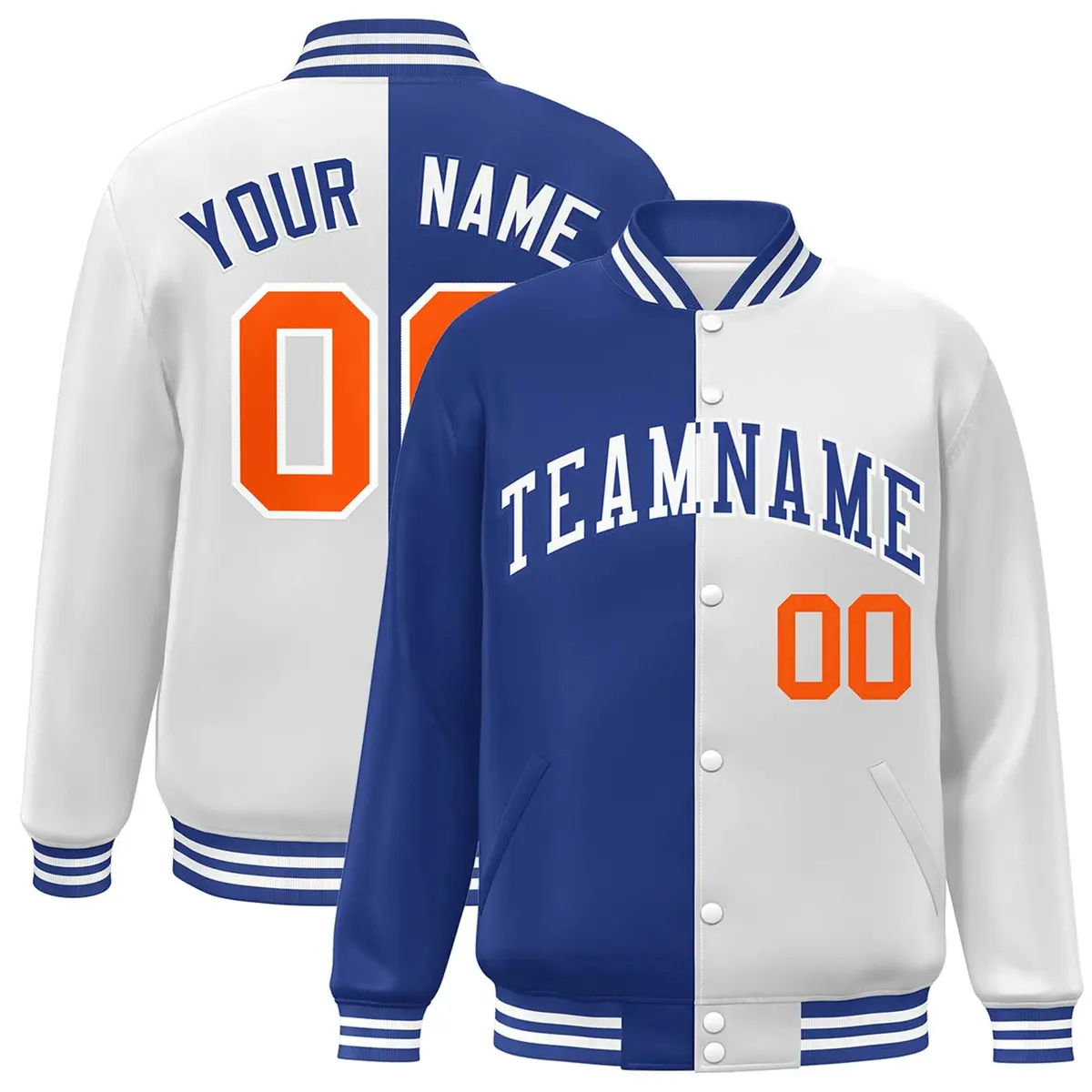 White Royal-Orange Split Two Tone Letterman Varsity Full-Snap Jacket