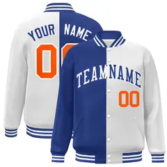 White Royal-Orange Split Two Tone Letterman Varsity Full-Snap Jacket