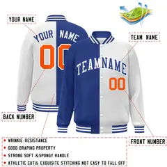 White Royal-Orange Split Two Tone Letterman Varsity Full-Snap Jacket 2
