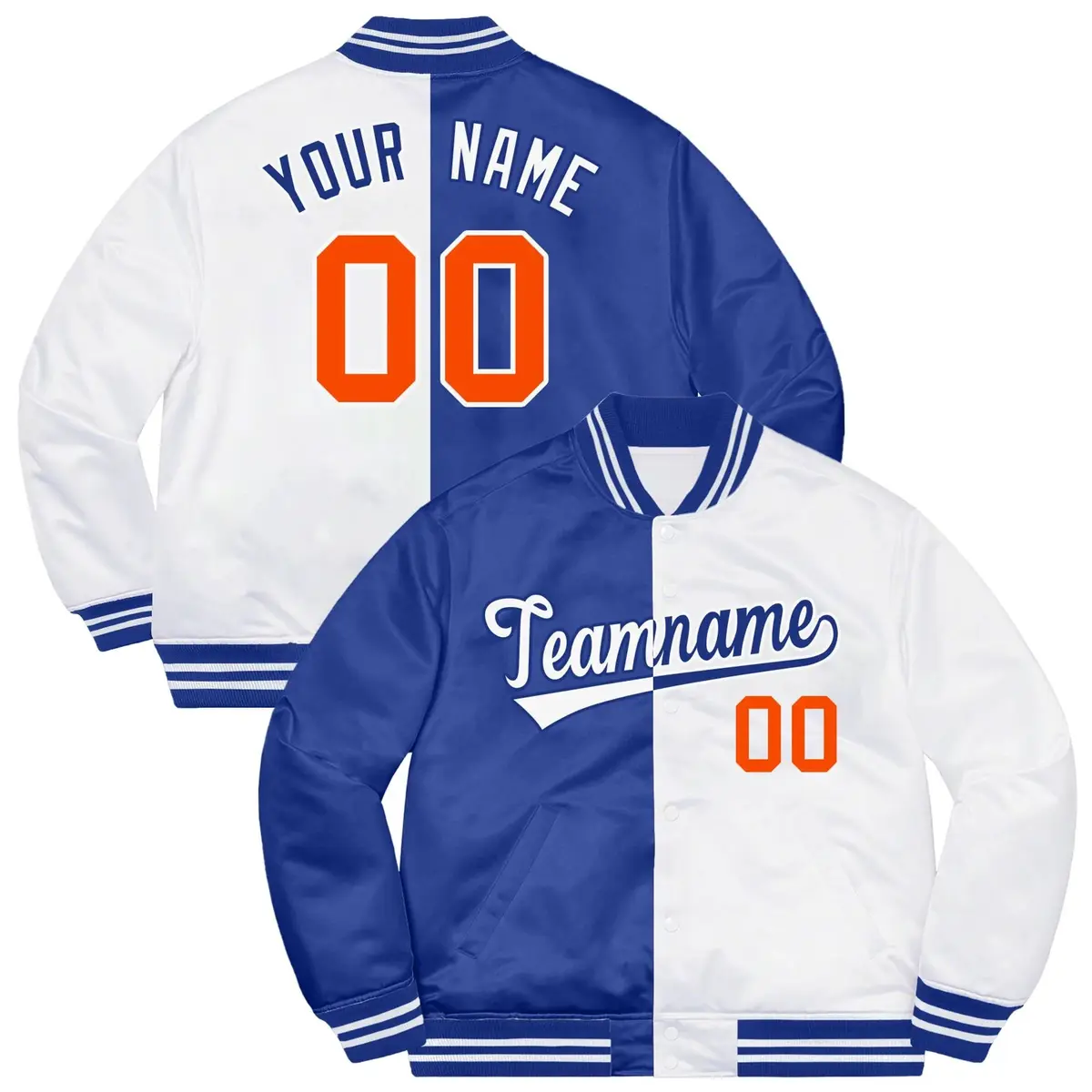 White Royal-Orange Split Two Tone Letterman Varsity Jacket