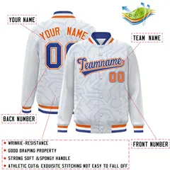 White Royal-Orange Stripe Graffiti Pattern Varsity Full-Snap Jacket 2