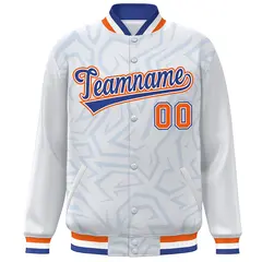 White Royal-Orange Stripe Graffiti Pattern Varsity Full-Snap Jacket 3