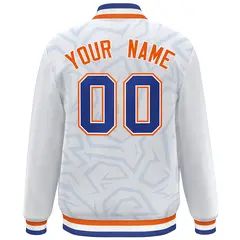 White Royal-Orange Stripe Graffiti Pattern Varsity Full-Snap Jacket 4